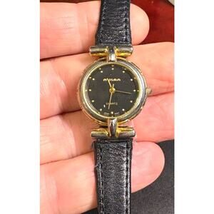 Milan Ladies Quartz Watch, Gold Tone with Black Face and Leather Band
